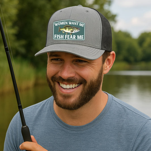 Close-up of bass fishing Richardson 112 trucker hat with leather patch