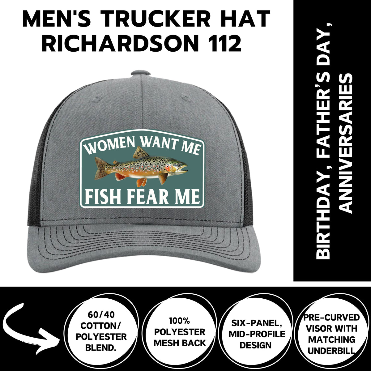Richardson 112 hat specification chart featuring Fish Fear Me patch and cap features