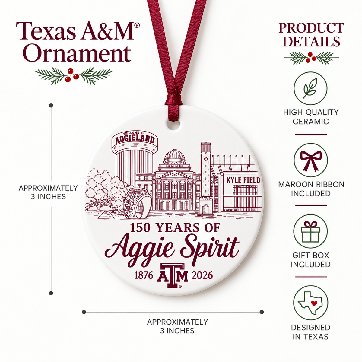 Texas A&M 150 Years of Aggie Spirit ceramic ornament product details showing 3-inch size, maroon ribbon and gift box