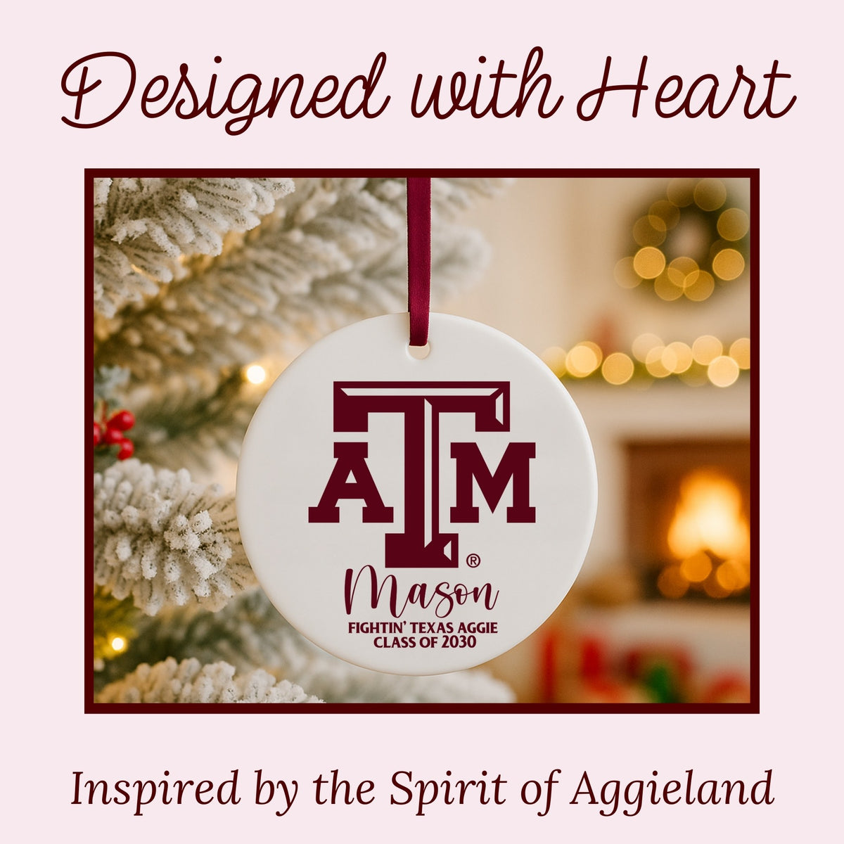 Texas A&M licensed ornament graphic highlighting Texas design and craftsmanship
