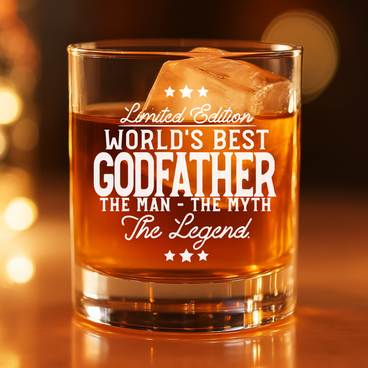 Engraved whiskey glass gift for Godfather– lifestyle image with bourbon and ice
