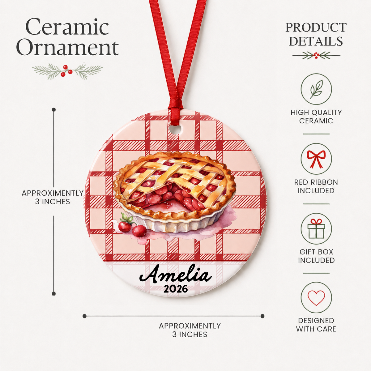 Personalized cherry pie ceramic ornament product details showing approximately 3 inch size, red ribbon and gift box