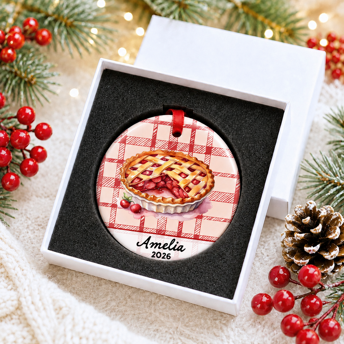Personalized cherry pie ceramic Christmas ornament presented in a white gift box with protective foam