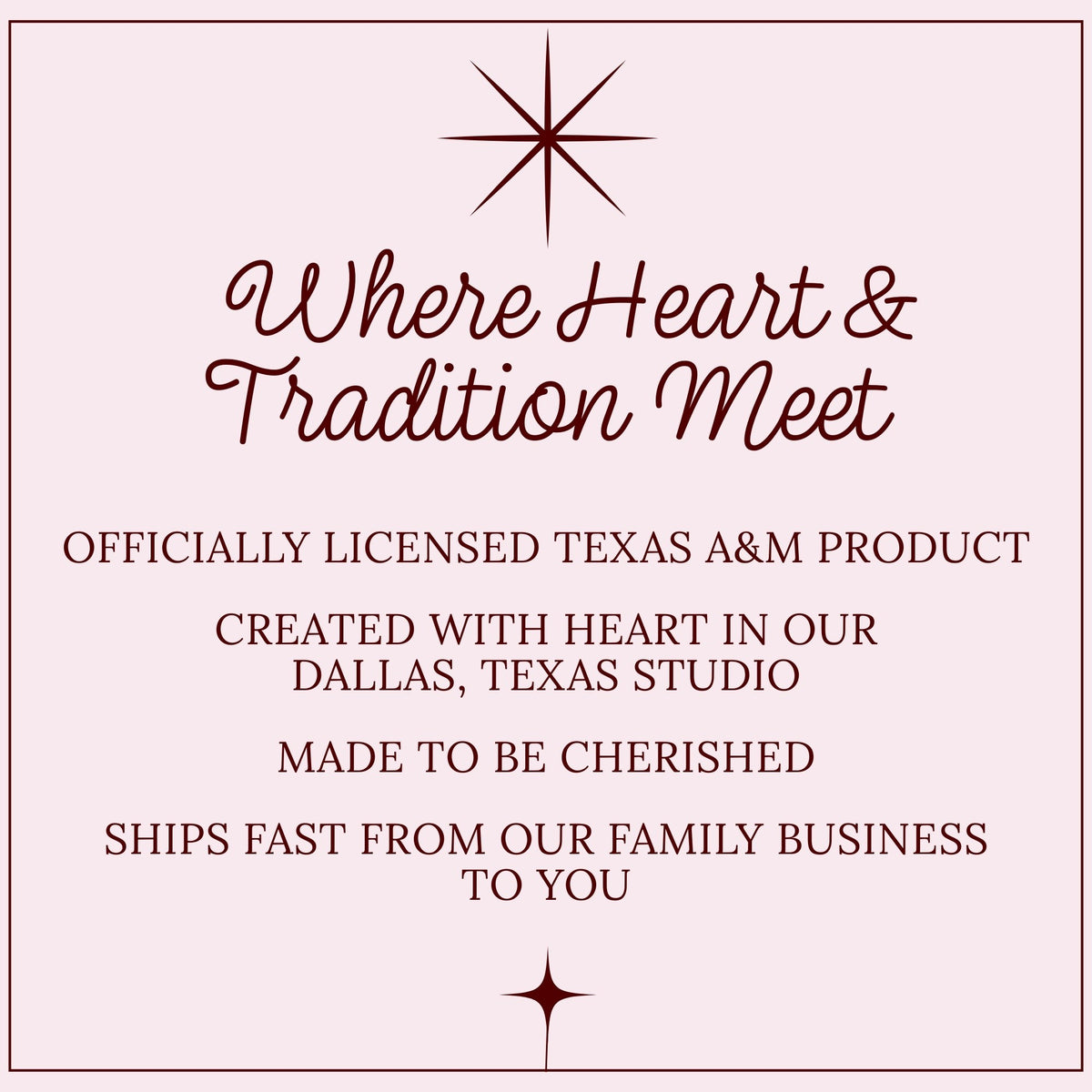 Texas A&M licensed ornament brand story graphic about Texas-made design