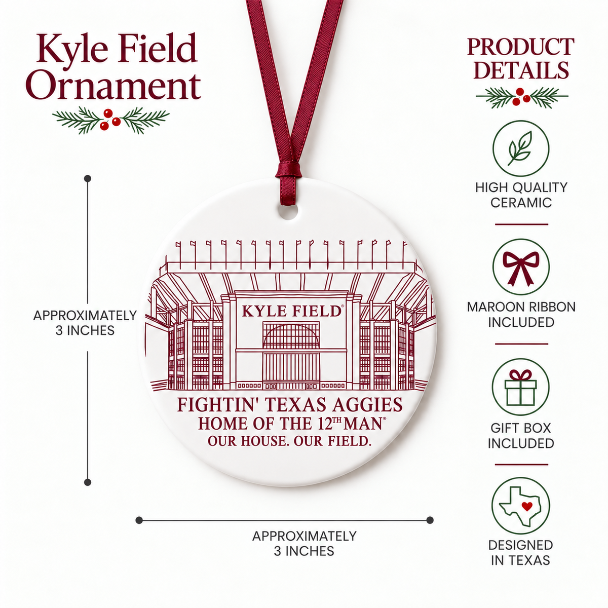 Texas A&M Kyle Field ceramic ornament product details showing 3-inch size, maroon ribbon and gift box