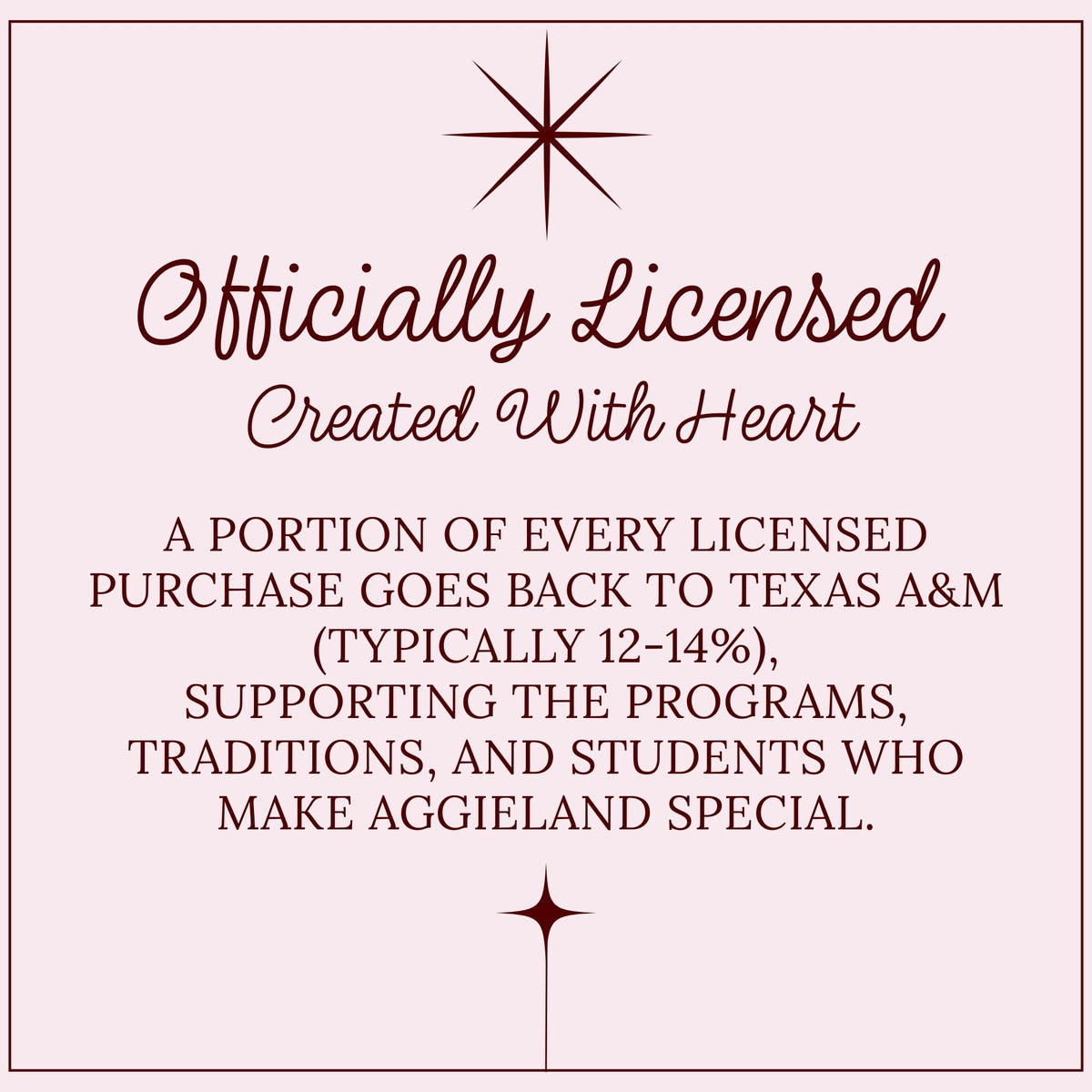 Officially licensed Texas A&M ornament graphic explaining school royalty support
