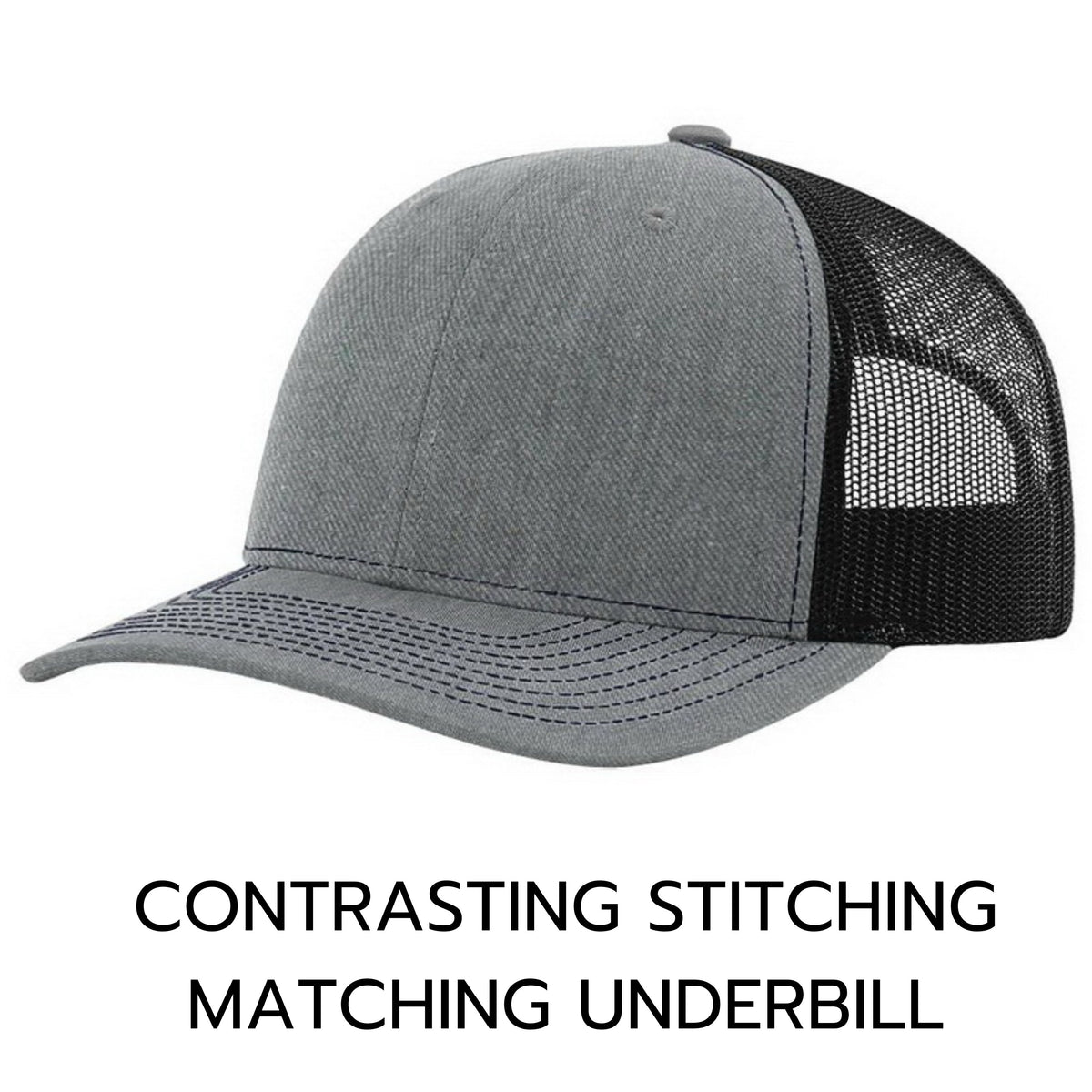 Side profile of Fish Fear Me hat with black mesh and gray curved bill showing structured fit
