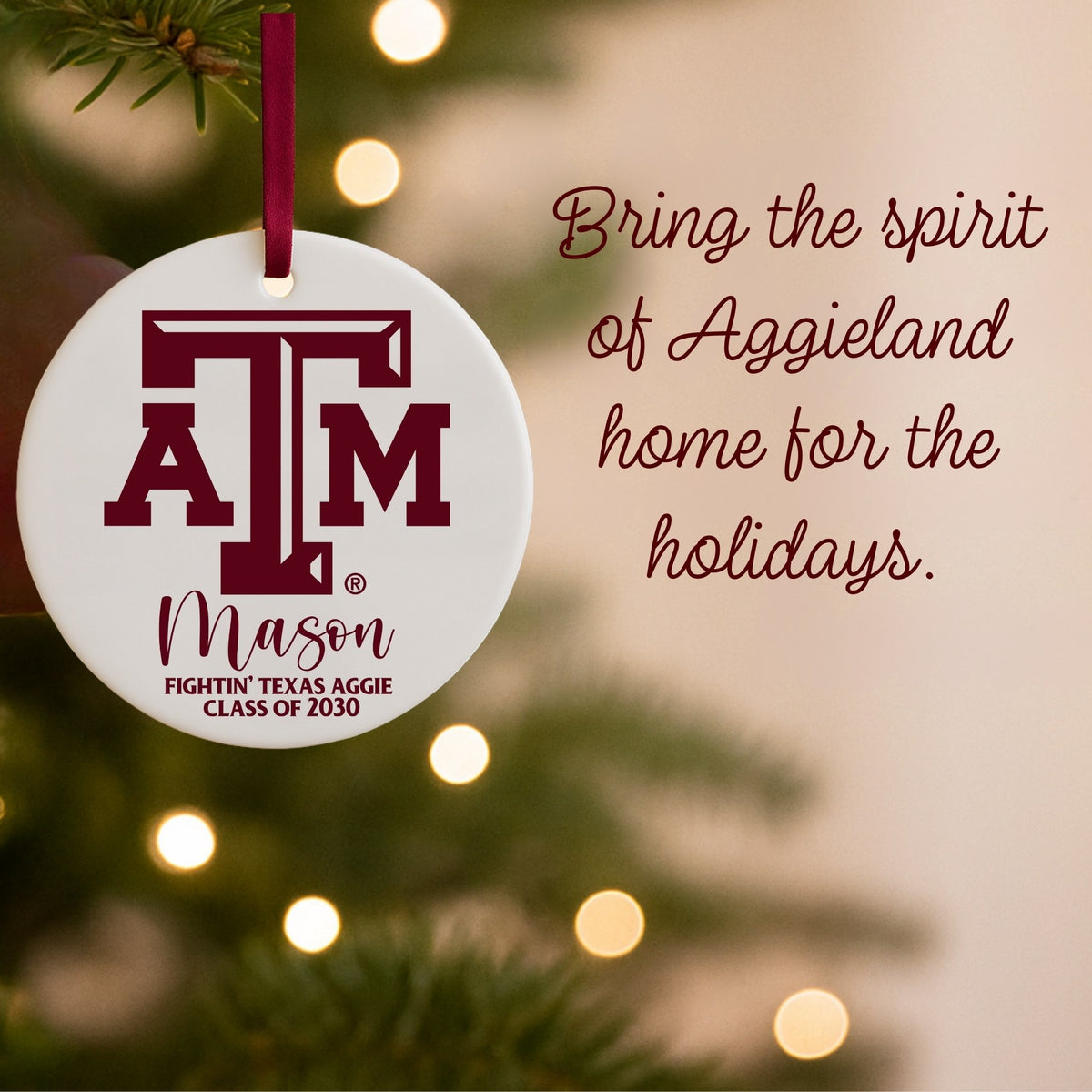 Texas A&M Aggie ornament with maroon ribbon and Aggieland holiday design