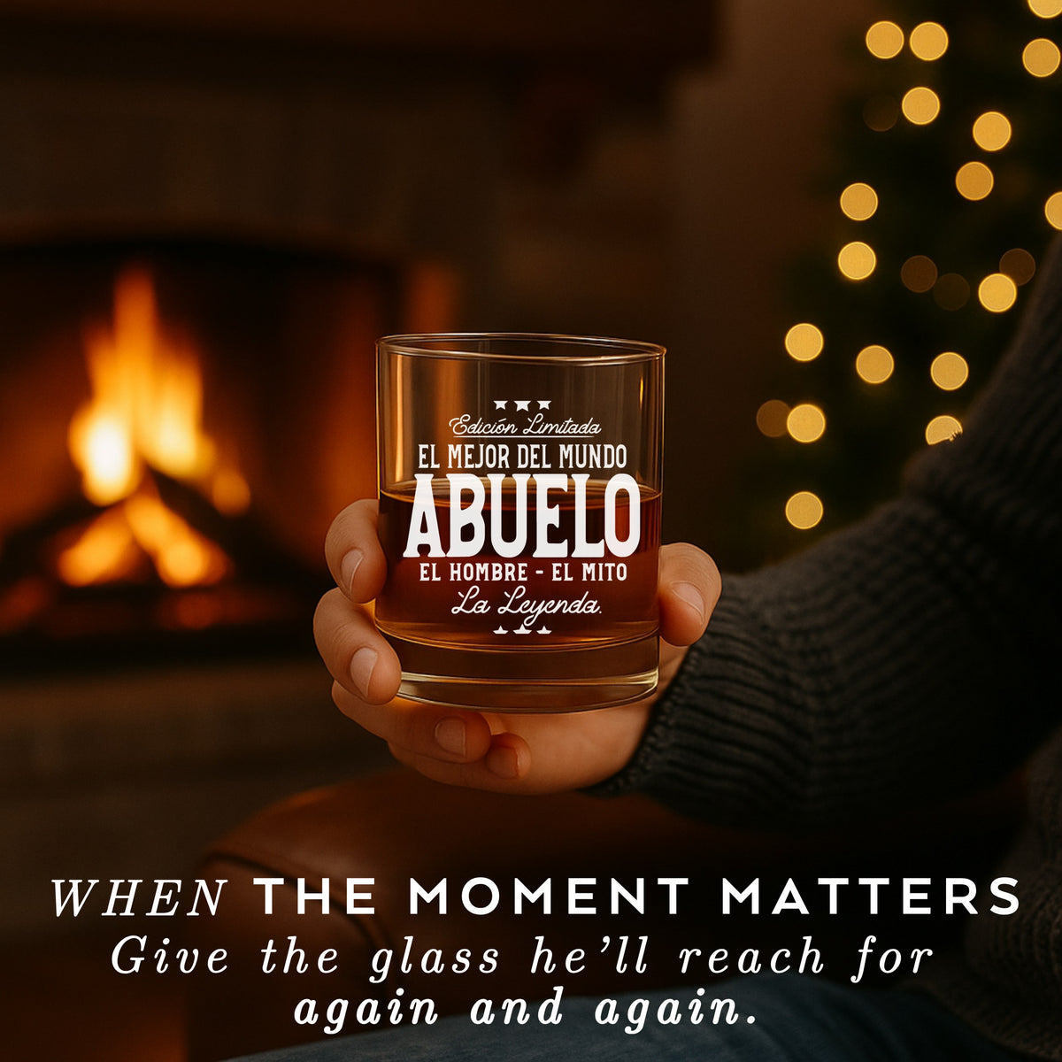 Abuelo holding engraved whiskey glass near fireplace, showcasing cozy gift moment