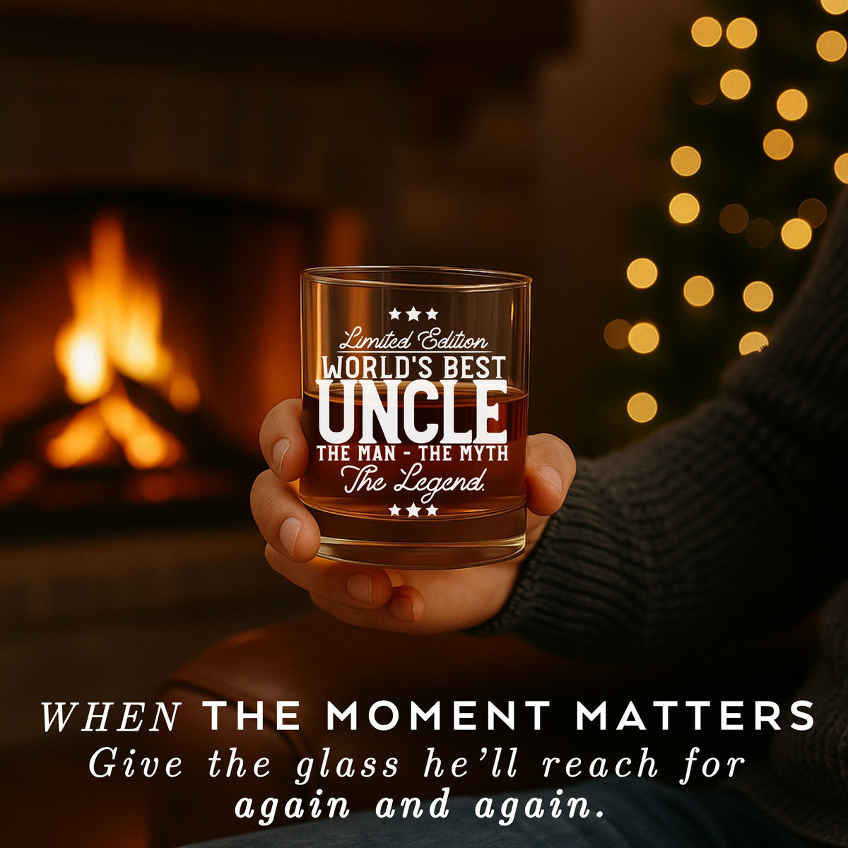 World’s Best Uncle engraved whiskey glass – fireplace scene
