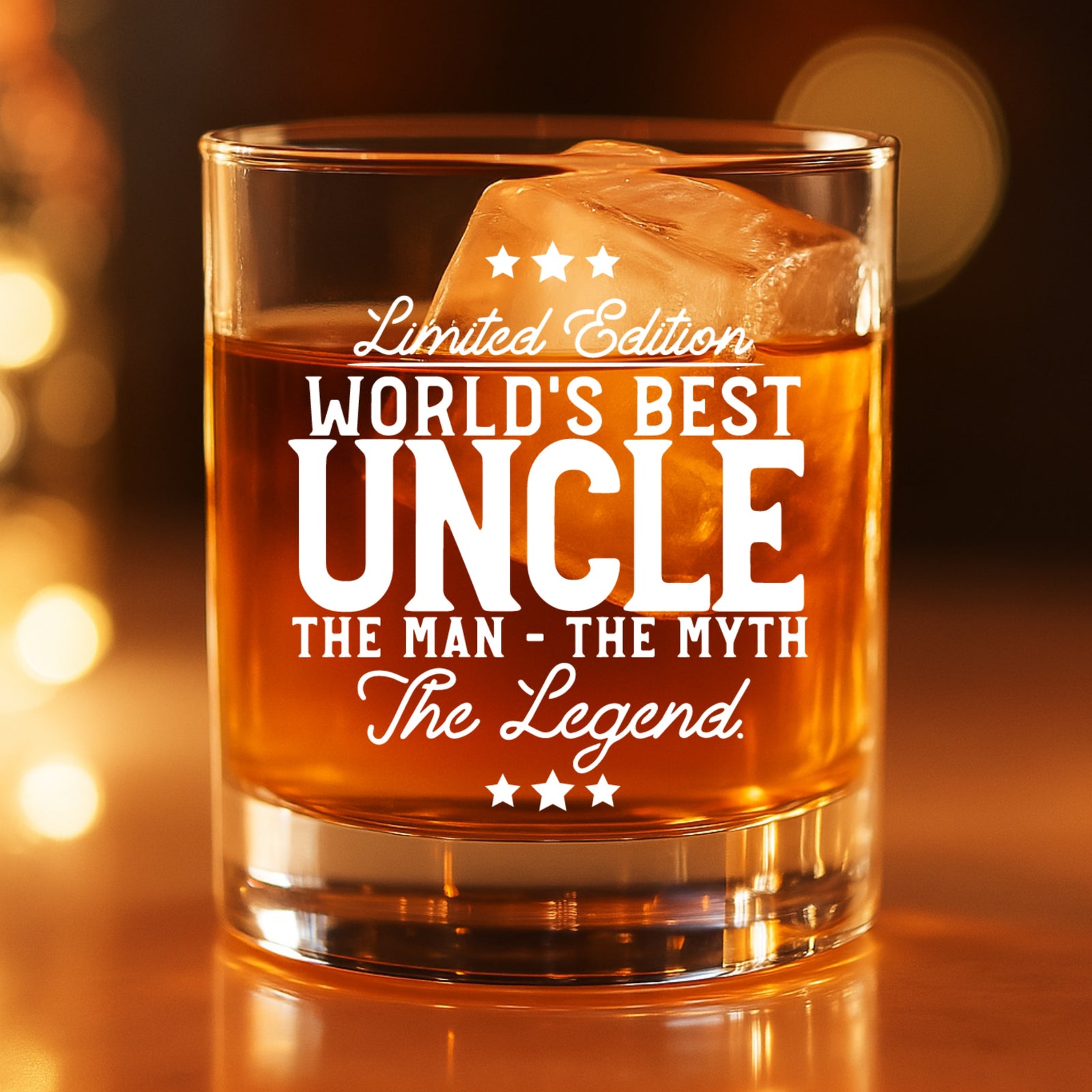 Engraved whiskey glass gift for Uncle – lifestyle image with bourbon and ice
