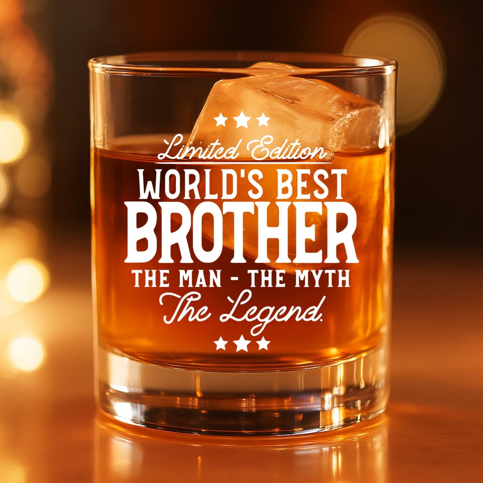 Engraved whiskey glass gift for Brother– lifestyle image with bourbon and ice