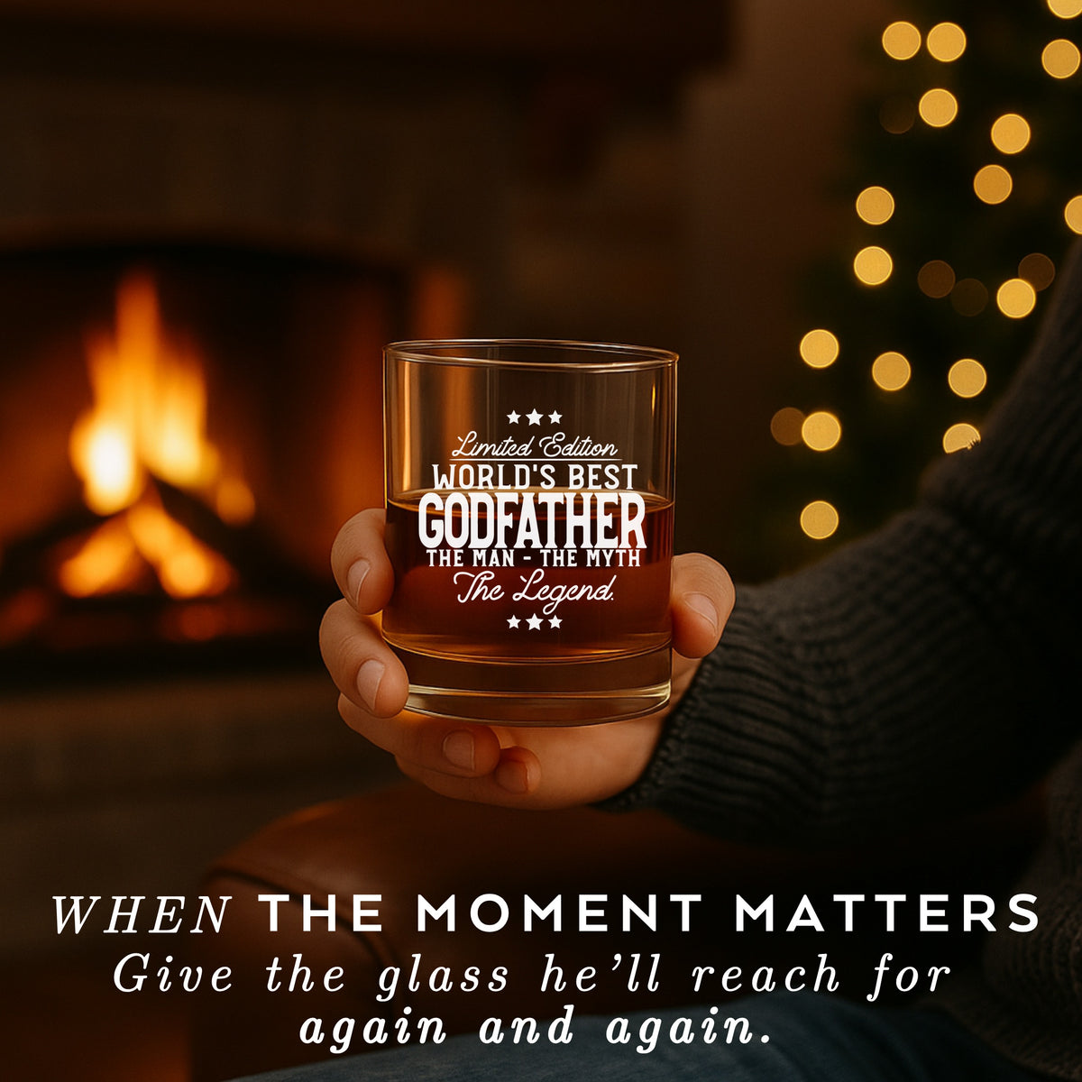 World’s Best Godfather engraved whiskey glass – fireplace scene

