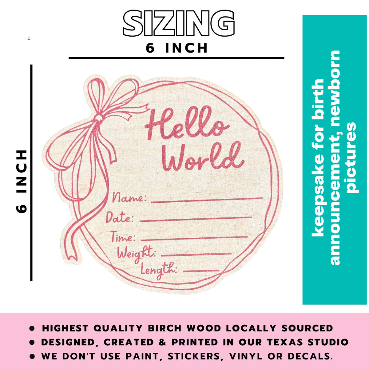 Hello World Baby Announcement Sign Birth Stats Wooden Round Keepsake for Newborn Photography Hospital Reveal or Nursery Decor