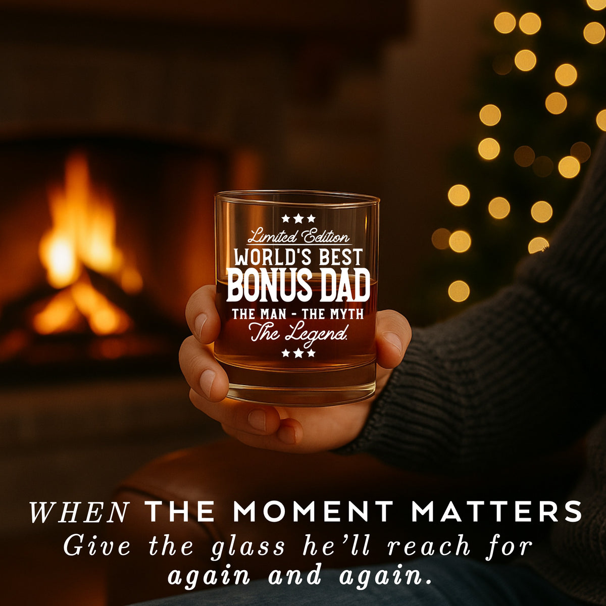 Man holding Bonus Dad whiskey glass by fireplace – thoughtful gift for stepfather, stepdad, or father figure.
