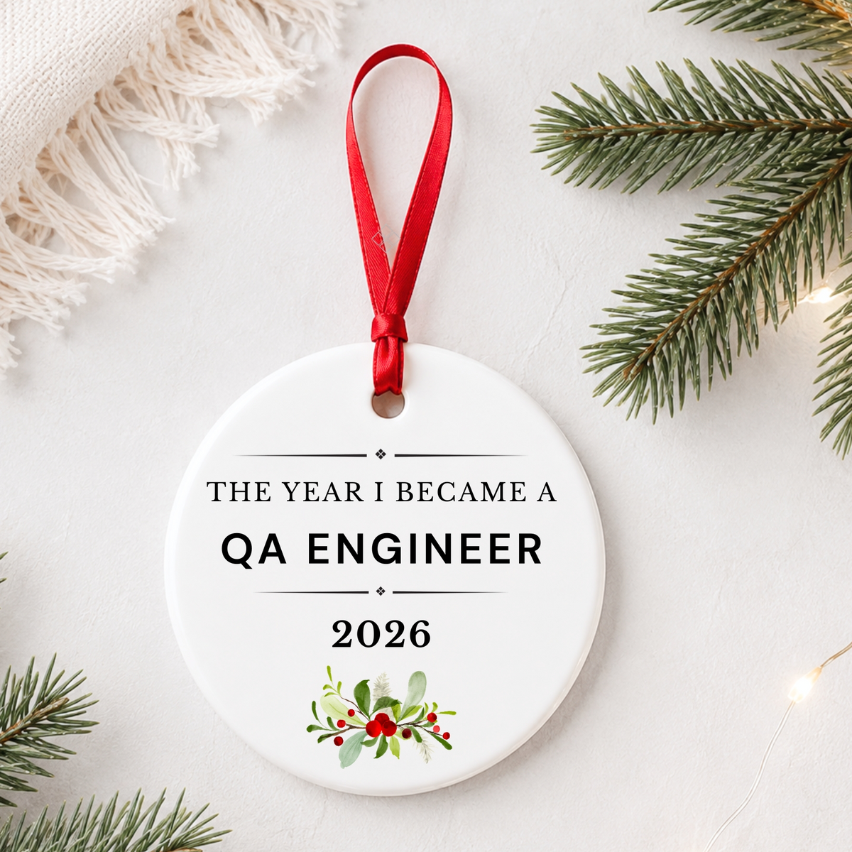QA Engineer 2026 ceramic ornament reading The Year I Became a QA Engineer styled with pine branches on a soft white background