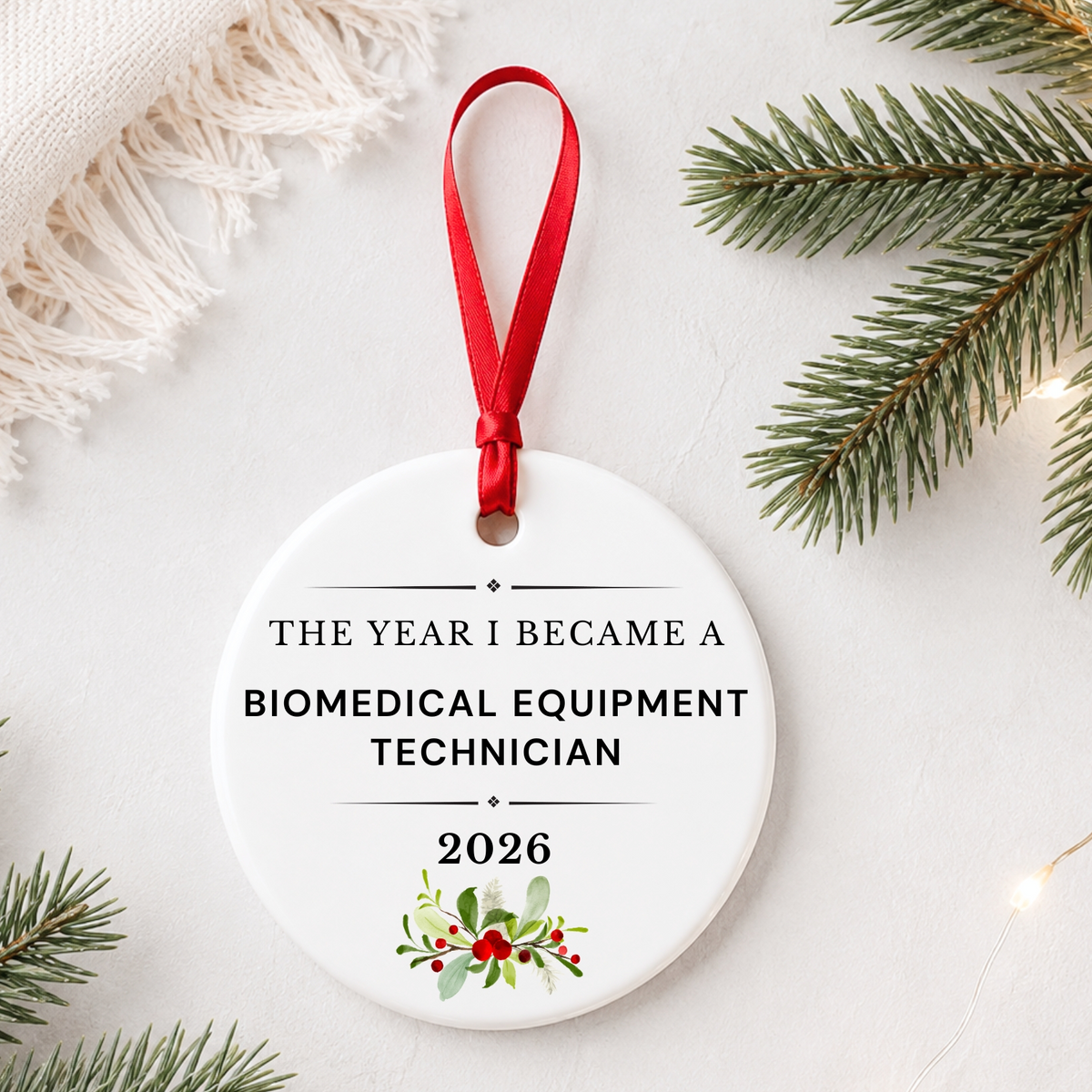 Biomedical Equipment Technician 2026 ceramic ornament reading The Year I Became a Biomedical Equipment Technician styled with pine branches on a soft white background
