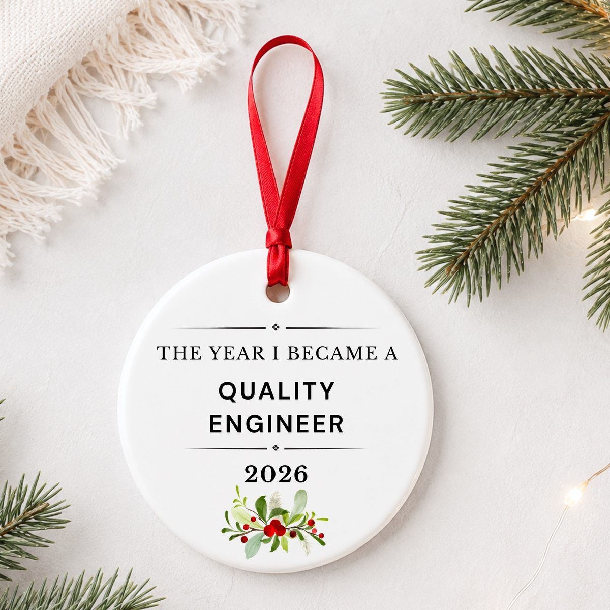 Quality Engineer 2026 ceramic ornament reading The Year I Became a Quality Engineer styled with pine branches on a soft white background