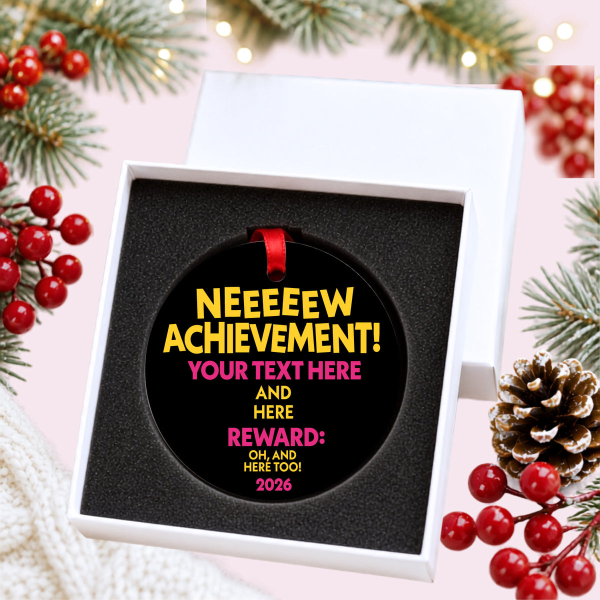 Custom achievement ceramic ornament in an open white gift box with protective foam