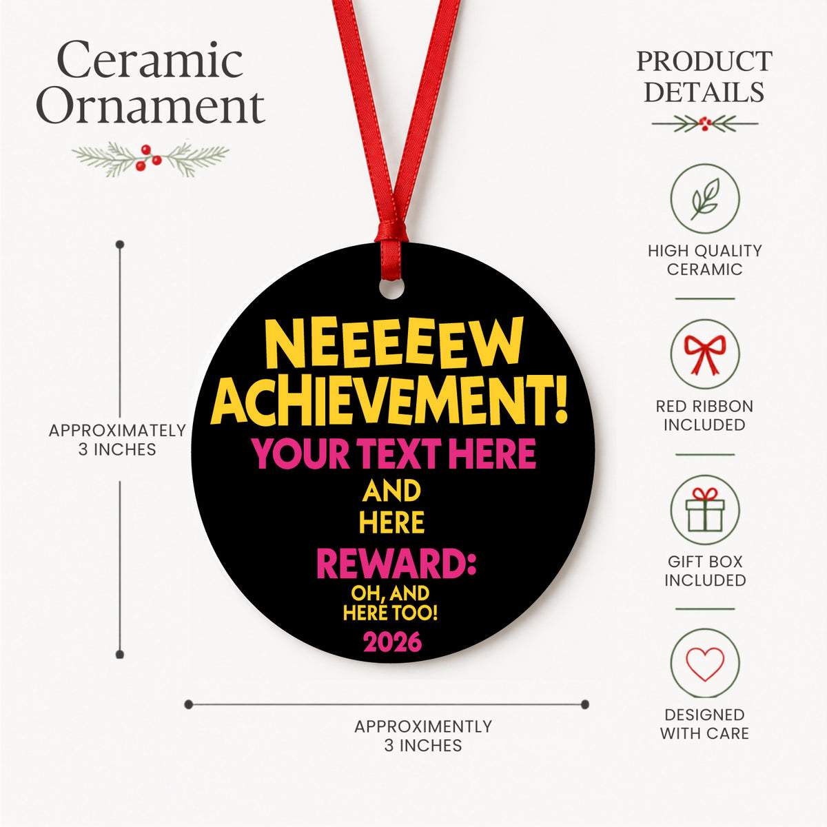 Ceramic ornament details showing approximately 3-inch size, red ribbon and gift box included