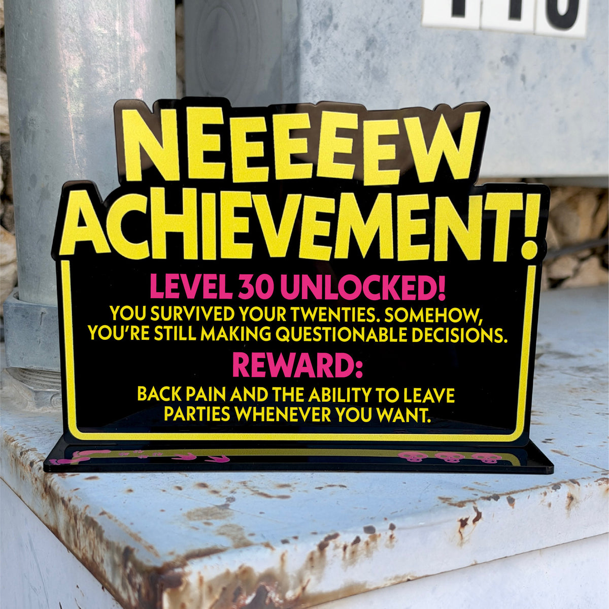 Level 30 Unlocked birthday example on custom acrylic achievement desk sign