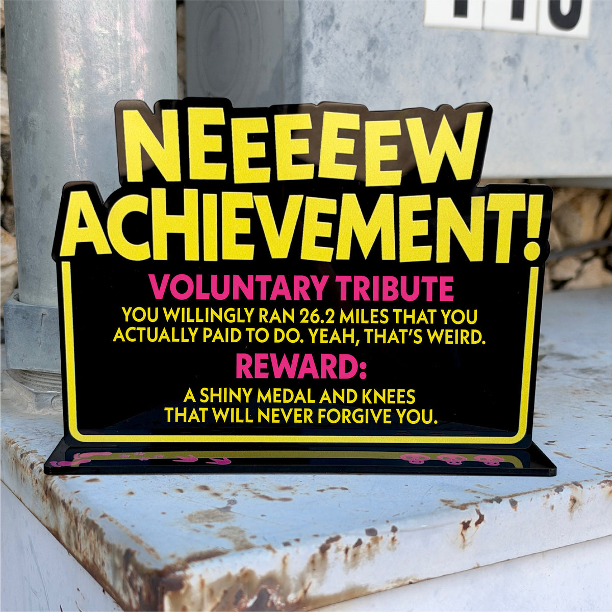 Voluntary Tribute marathon example on custom achievement desk sign
