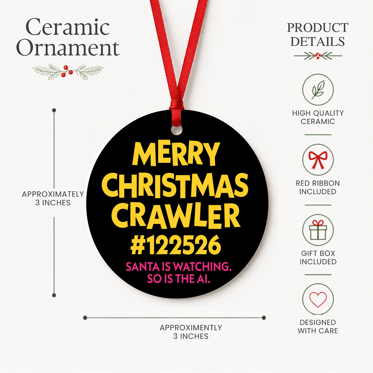 Personalized Merry Christmas Crawler ornament (example crawler number shown) product details graphic showing approximately 3 inch size, ribbon and gift box