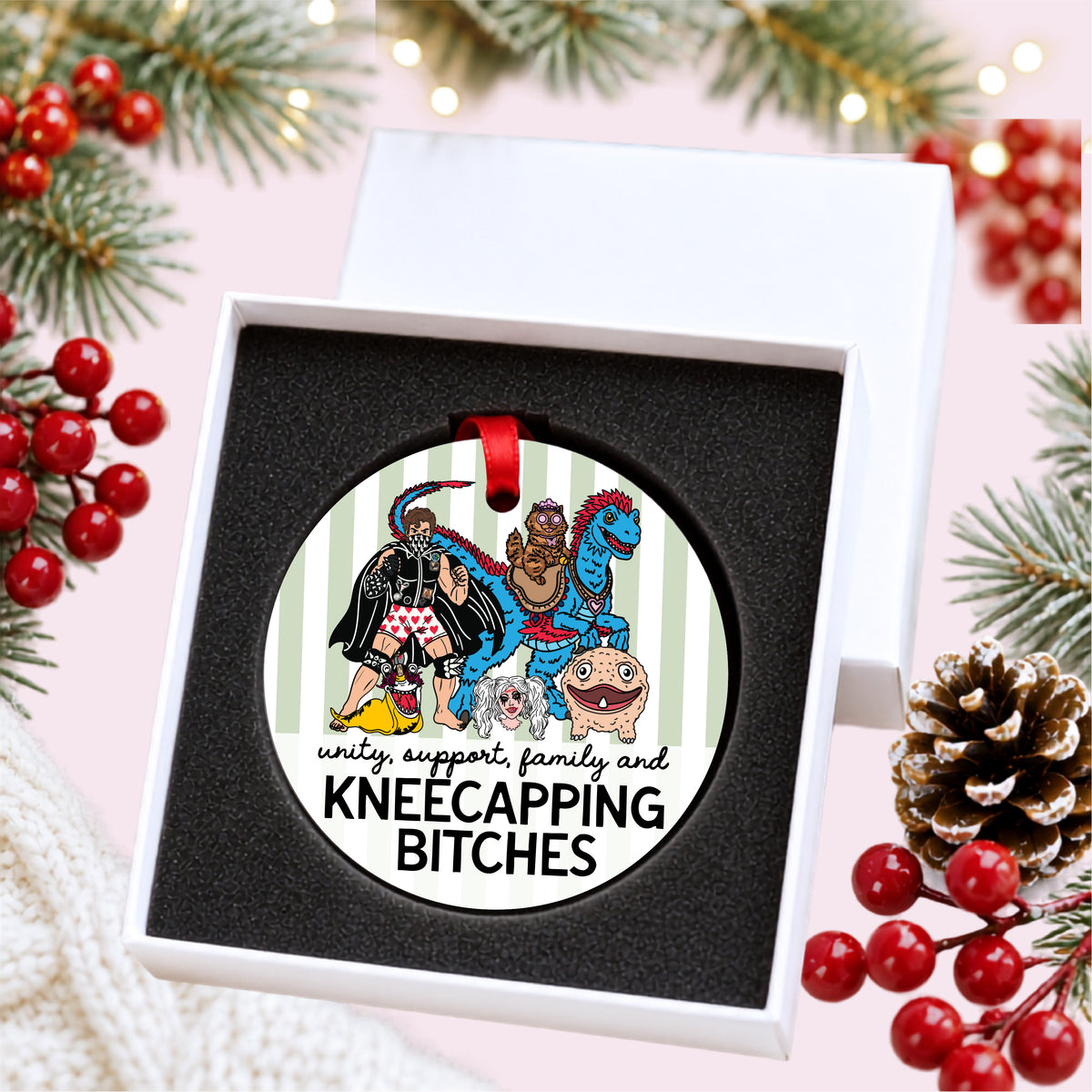 Dungeon Crawler Carl Sluggalo code ornament with Carl, Princess Donut, Mongo, Samantha, Biggs and Rend in an open white gift box with foam