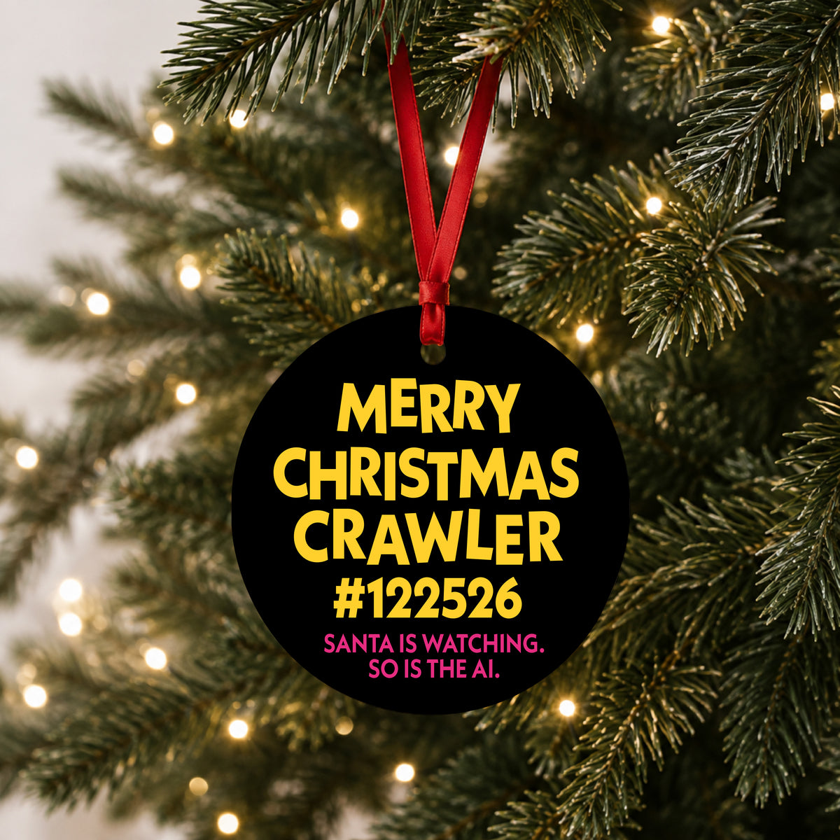 Personalized Merry Christmas Crawler ornament (example crawler number shown) hanging on a lit Christmas tree