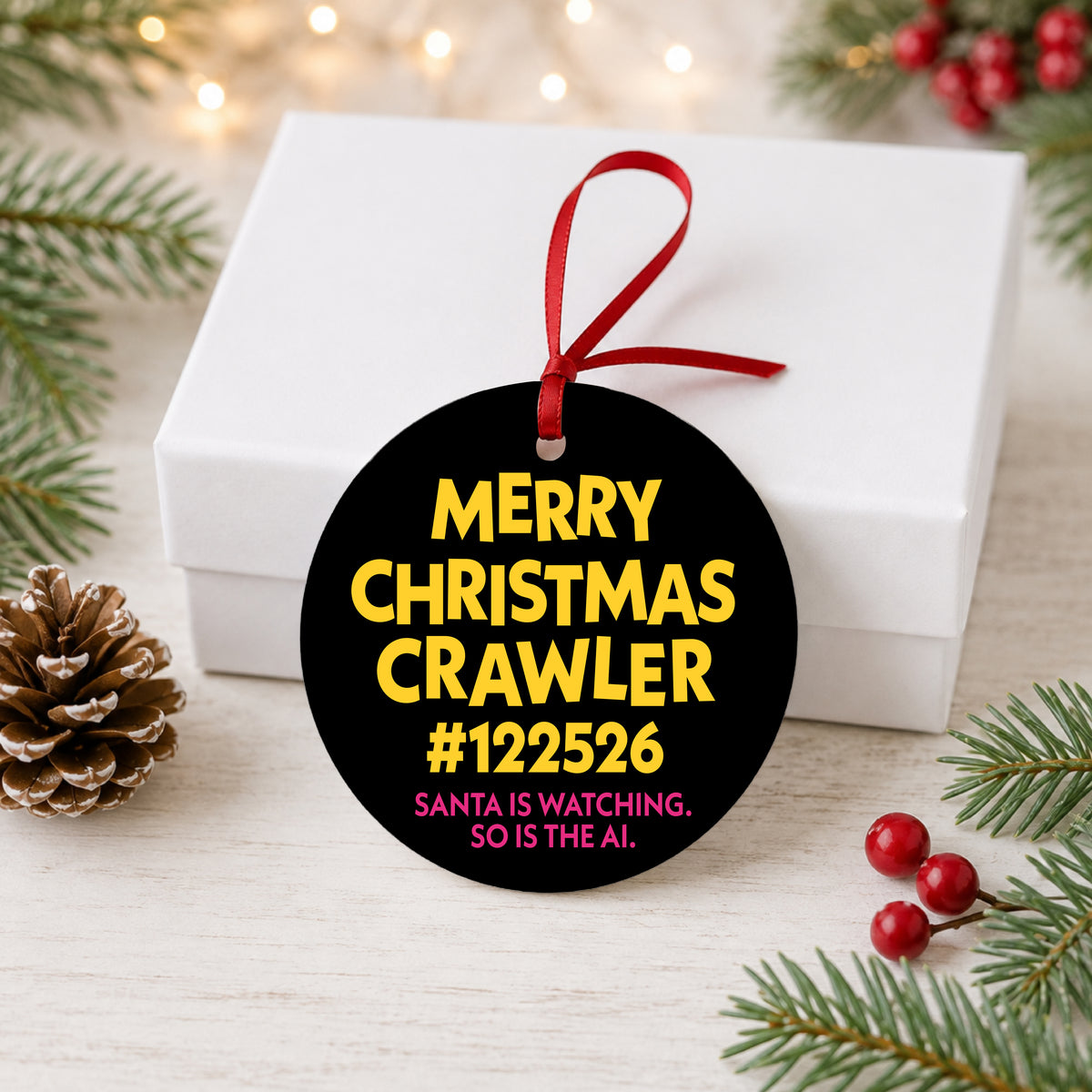 Personalized Merry Christmas Crawler ornament (example crawler number shown) hanging beside a white gift box