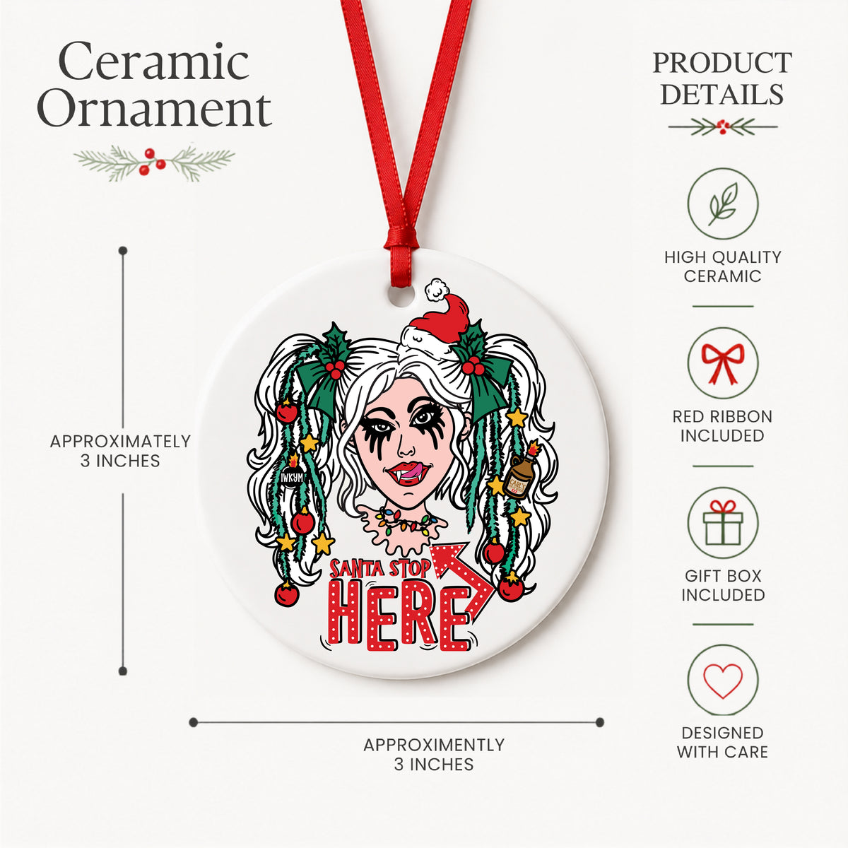 Dungeon Crawler Carl Samantha Santa Stop Here ornament product details graphic showing approximately 3 inch size, ribbon and gift box