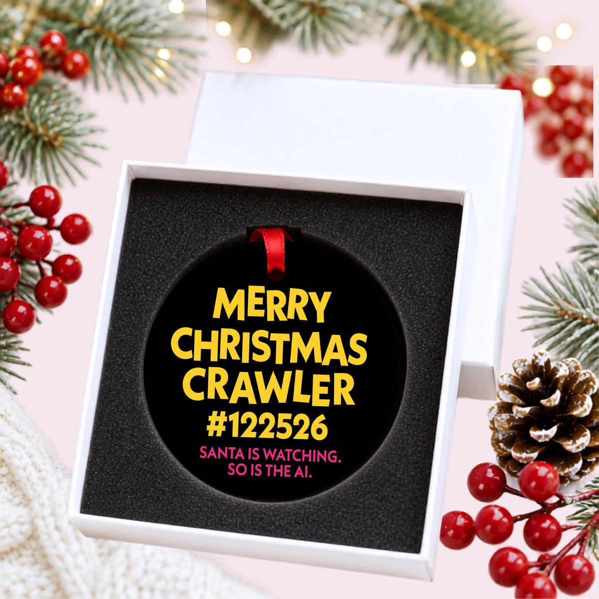 Personalized Merry Christmas Crawler ornament (example crawler number shown) in an open white gift box with foam