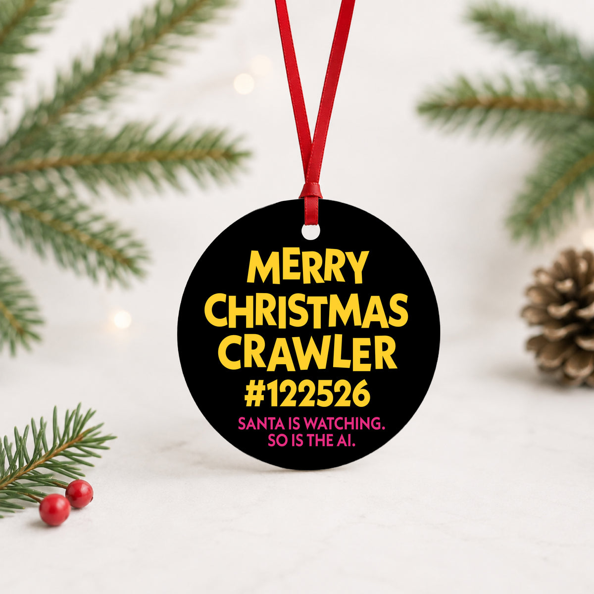 Personalized Merry Christmas Crawler ornament (example crawler number shown) standing on a surface with greenery