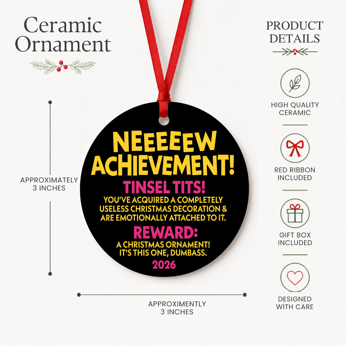 Dungeon Crawler Carl New Achievement ornament product details graphic showing approximately 3 inch size, ribbon and gift box