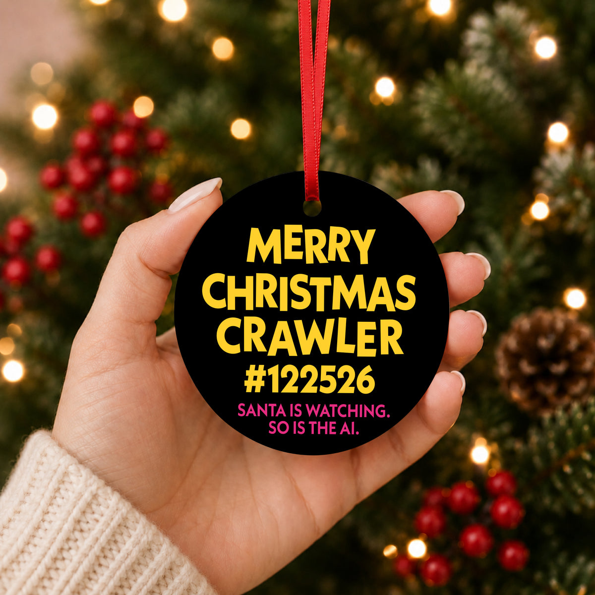 Hand holding a black Merry Christmas Crawler ornament personalized with an example crawler number, in front of a lit Christmas tree