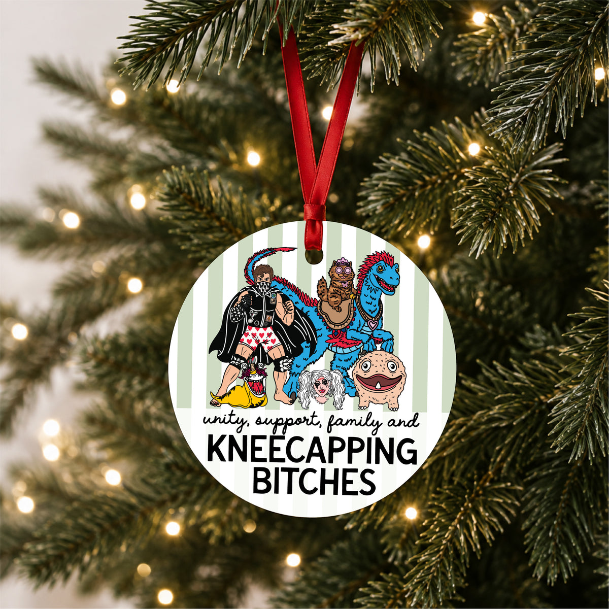 Dungeon Crawler Carl Sluggalo code ornament with Carl, Princess Donut, Mongo, Samantha, Biggs and Rend hanging on a lit Christmas tree