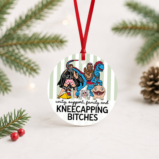 Dungeon Crawler Carl ornament showing Carl, Princess Donut riding Mongo, Samantha, Biggs the Sluggalo and Rend above the words unity, support, family and kneecapping