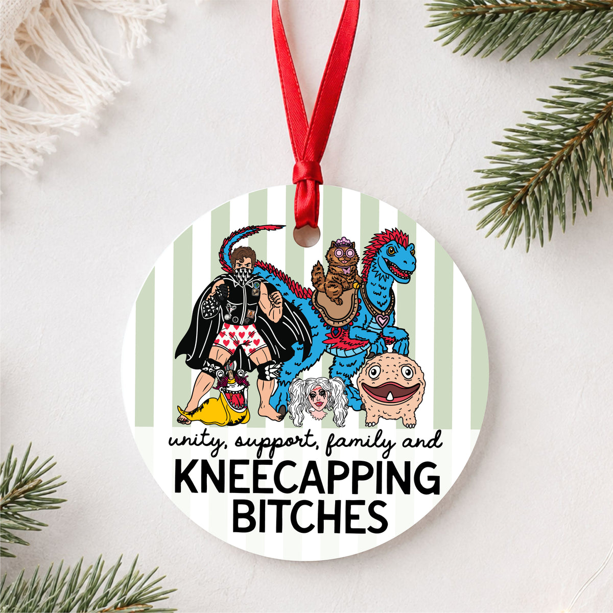 Dungeon Crawler Carl Sluggalo code ornament with Carl, Princess Donut, Mongo, Samantha, Biggs and Rend flat lay on white with greenery