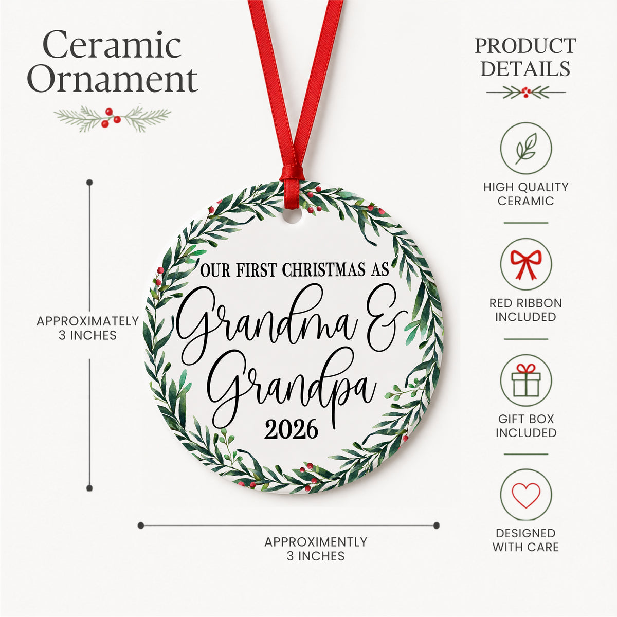 Product details graphic for the approximately 3-inch ceramic Grandma and Grandpa ornament