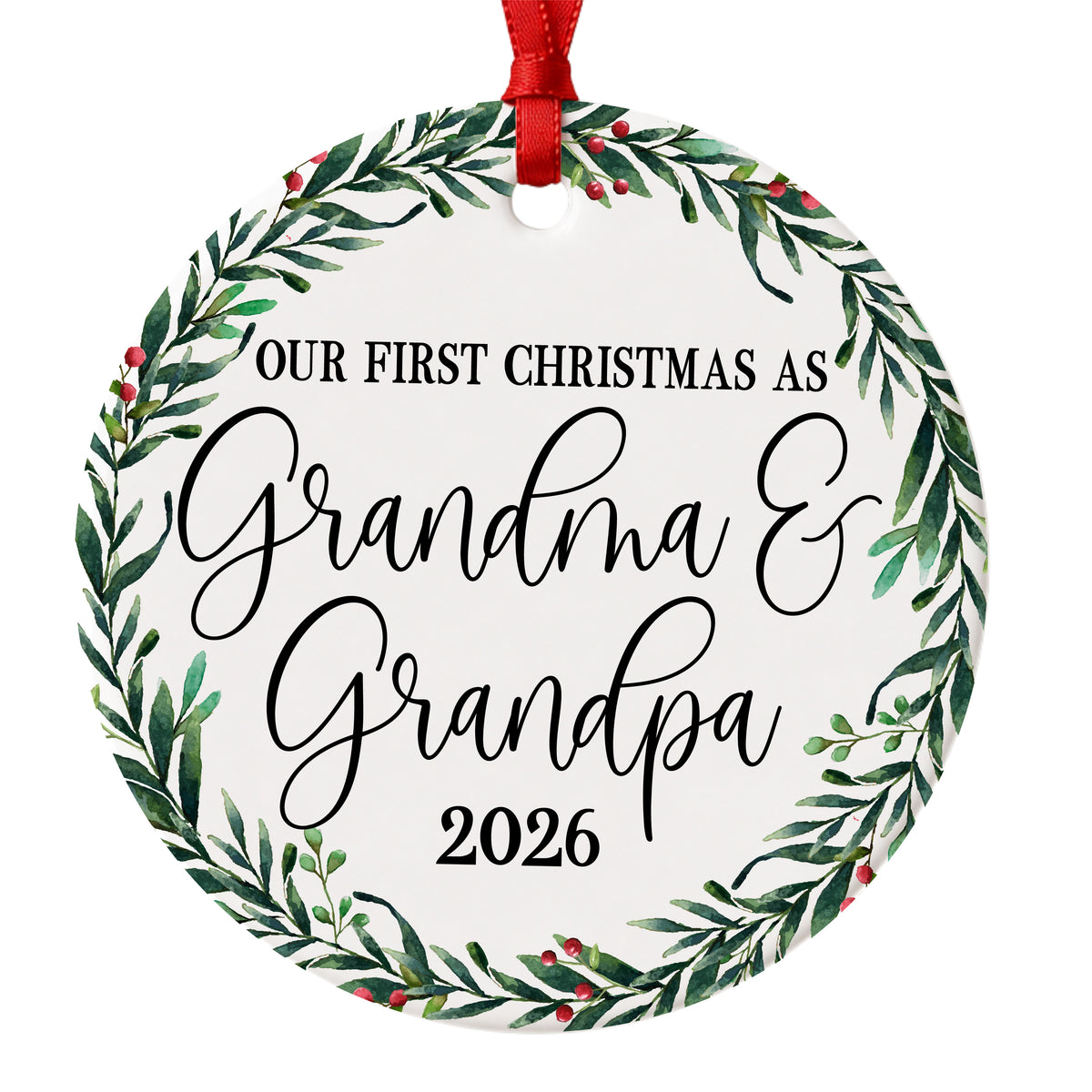 Our First Christmas as Grandma and Grandpa ornament with personalized year on a white background