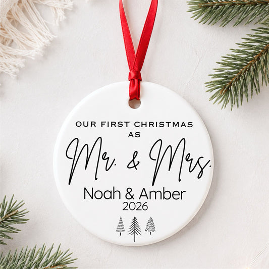Our First Christmas as Mr and Mrs ceramic ornament personalized with couple names and year