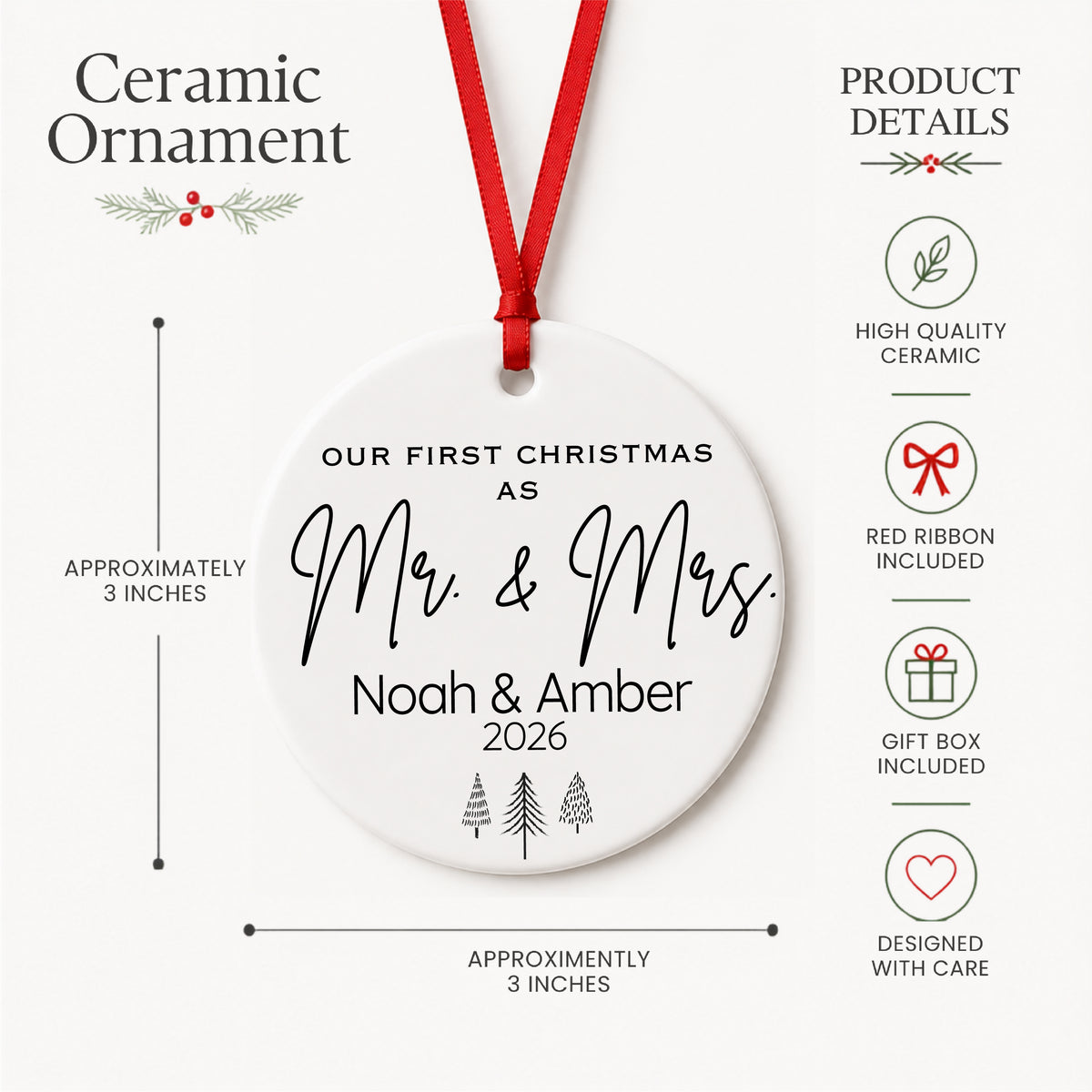 Product details graphic for the approximately 3-inch ceramic Mr and Mrs ornament