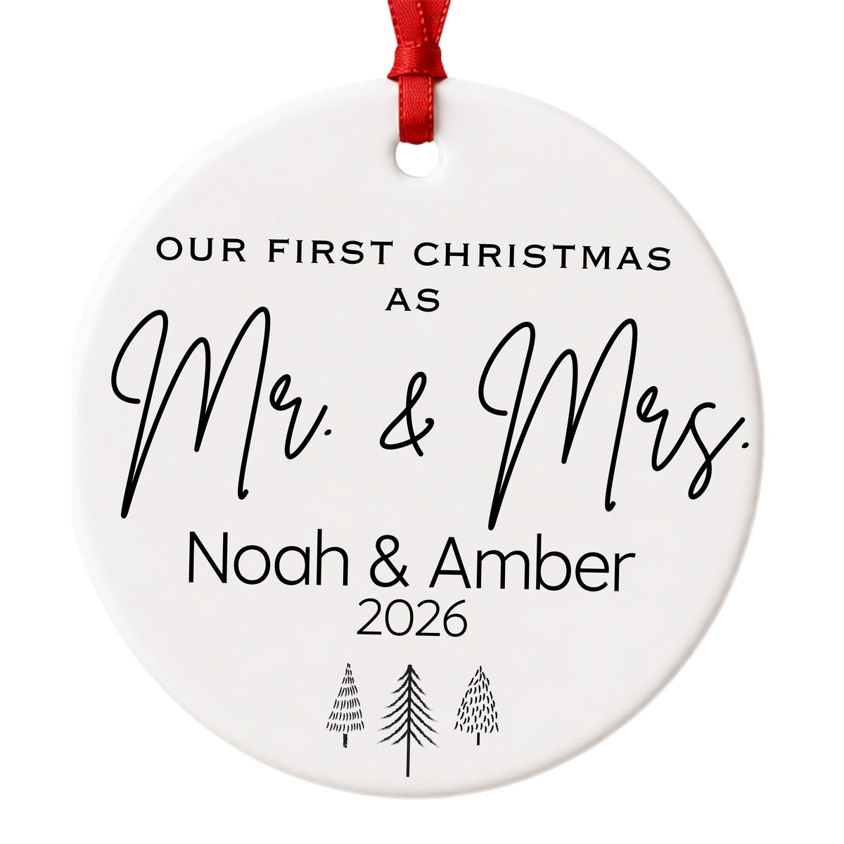 Our First Christmas as Mr and Mrs ornament with personalized names and year on a white background
