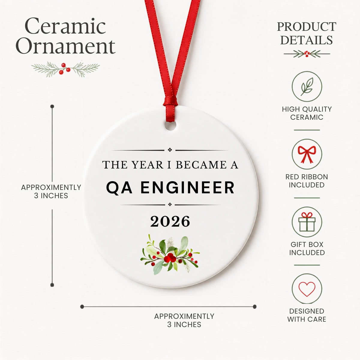 Product details for the QA Engineer 2026 ceramic ornament reading The Year I Became a QA Engineer: approximately 3-inch round ceramic ornament, red ribbon and gift box