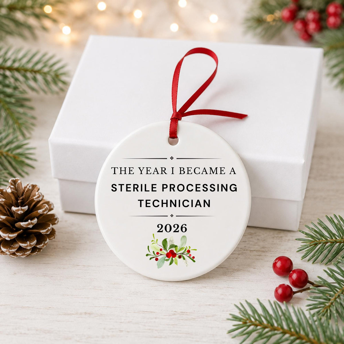 Sterile Processing Technician 2026 ceramic ornament reading The Year I Became a Sterile Processing Technician in front of a white gift box with pinecones and red berries
