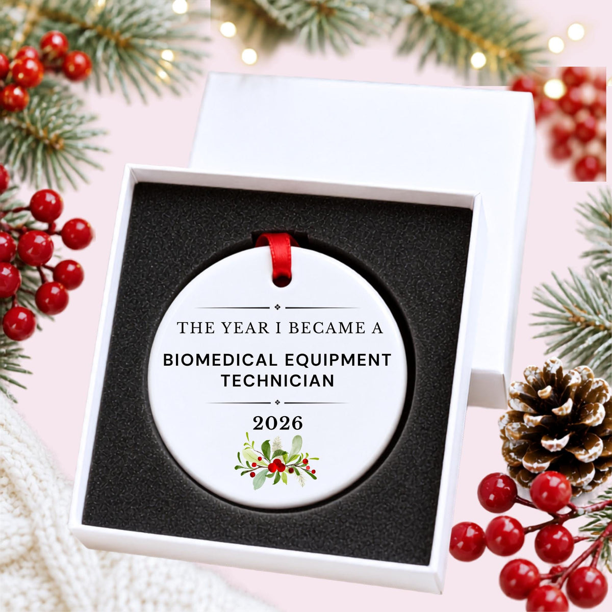 Biomedical Equipment Technician 2026 ceramic ornament reading The Year I Became a Biomedical Equipment Technician in a white gift box with protective foam