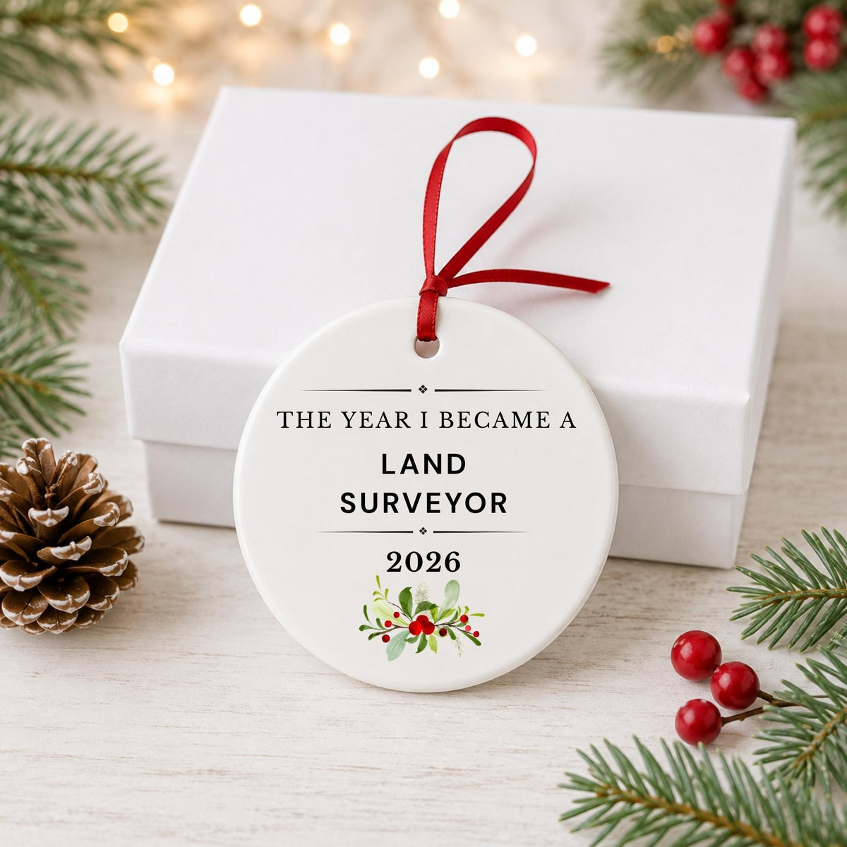 Land Surveyor 2026 ceramic ornament reading The Year I Became a Land Surveyor in front of a white gift box with pinecones and red berries