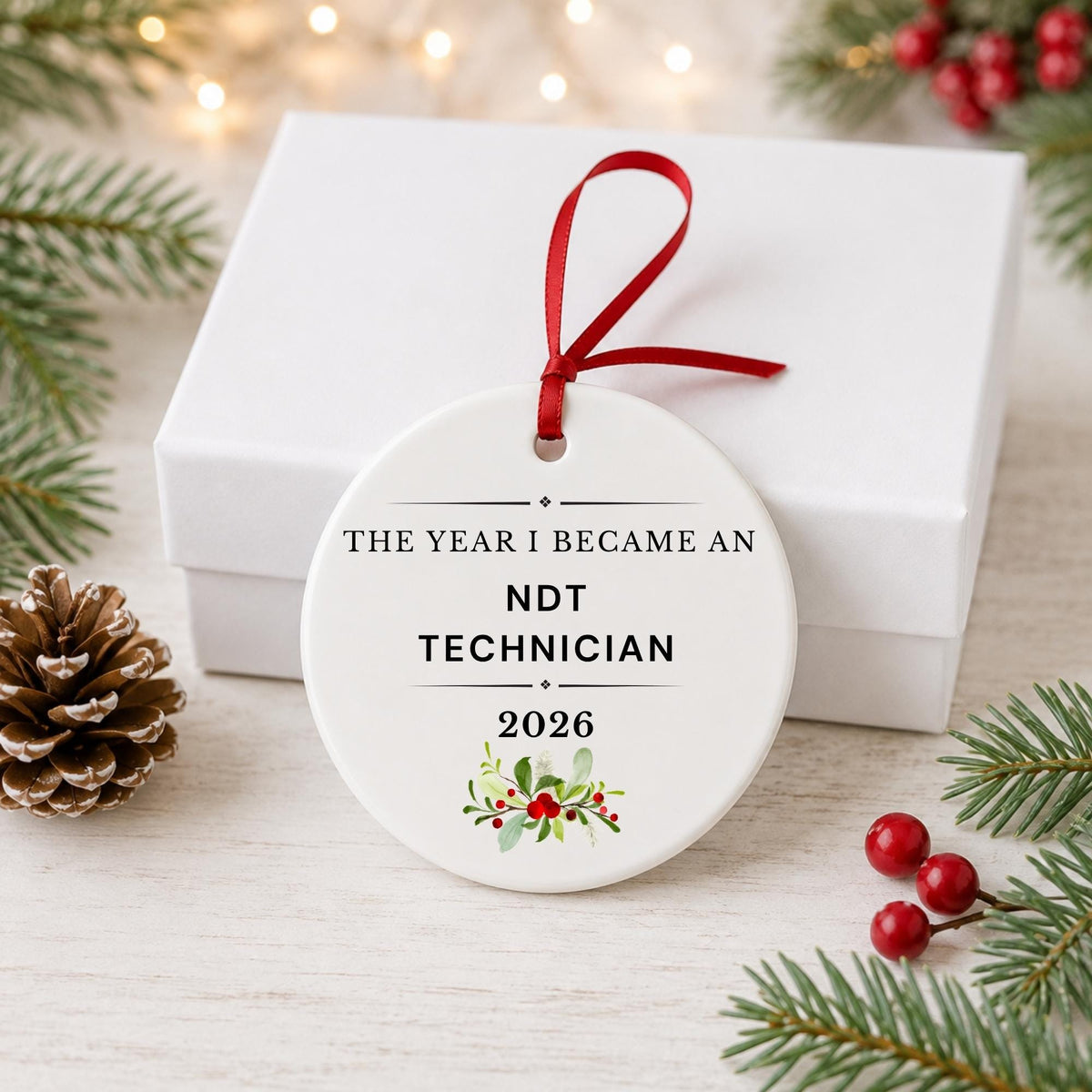 NDT Technician 2026 ceramic ornament reading The Year I Became an NDT Technician in front of a white gift box with pinecones and red berries