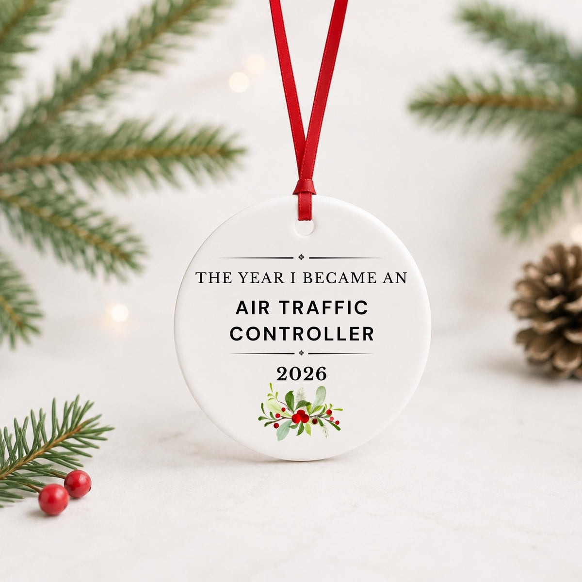 Air Traffic Controller 2026 ceramic ornament reading The Year I Became an Air Traffic Controller with red ribbon on a white surface with pine branches and pinecones