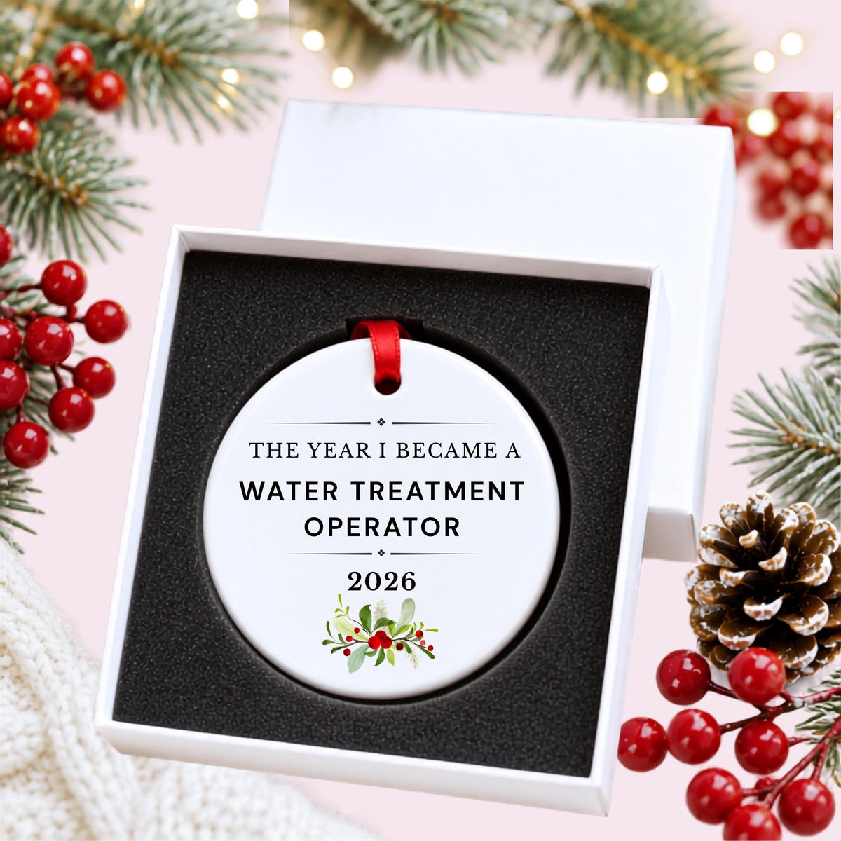 Water Treatment Operator 2026 ceramic ornament reading The Year I Became a Water Treatment Operator in a white gift box with protective foam